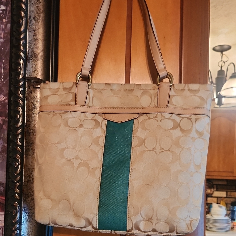 Coach Cream and Green Signature Tote